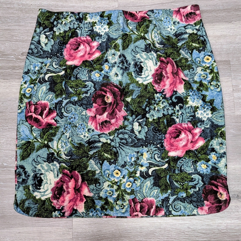 J.Jill Ponte Skirt Size L Thick Ponte Knit Stretch Rose Print Office Career